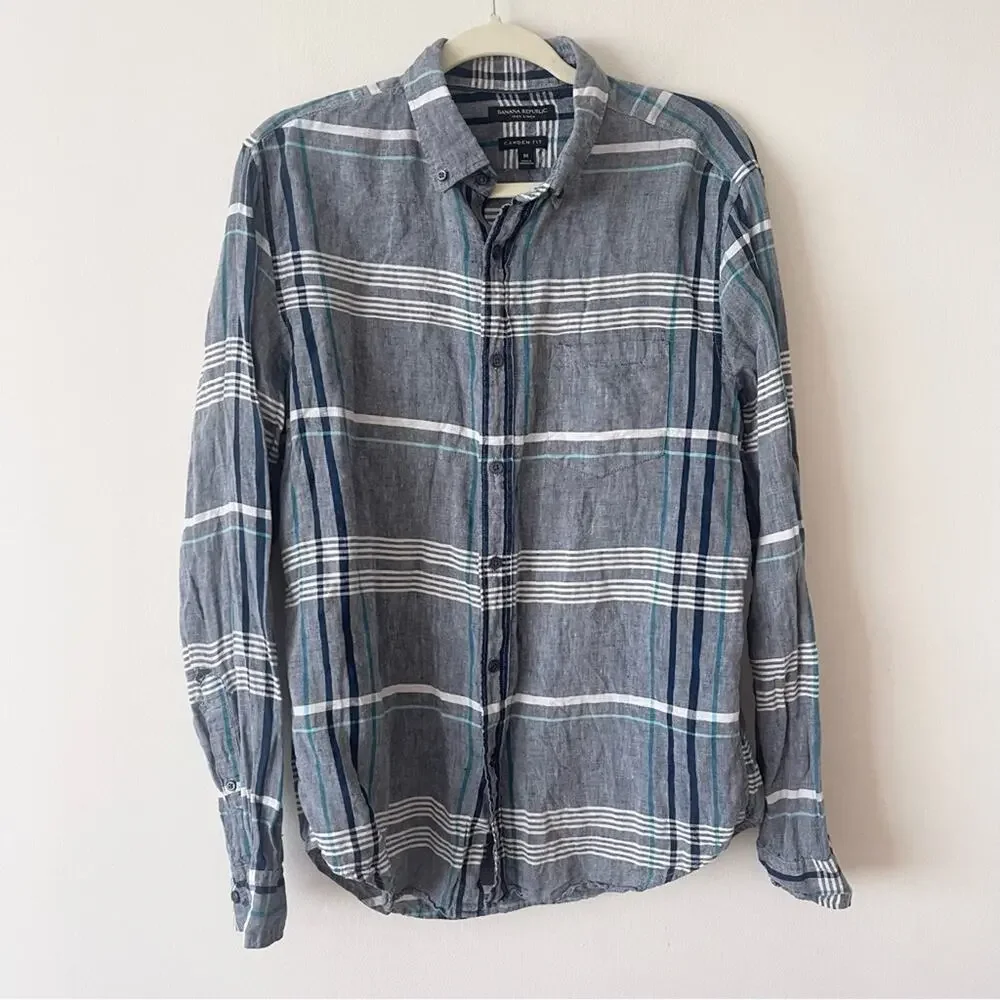 Banana Republic Linen Button Down Shirt Camden Fit Men’s size M Gray Plaid
